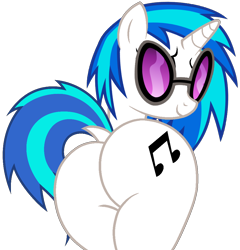 Size: 970x1009 | Tagged: safe, artist:shieldwingarmorofgod, imported from derpibooru, dj pon-3, vinyl scratch, pony, unicorn, butt, dock, female, glasses, horn, looking at you, looking back, looking back at you, plot, solo, tail, vector, vinyl ass