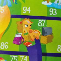 Size: 640x640 | Tagged: safe, imported from derpibooru, applejack, rainbow dash, rarity, earth pony, pony, applejack is not amused, backpack, board game, chutes and ladders, female, homework, official, offscreen character, rainbow power, sitting, television, unamused