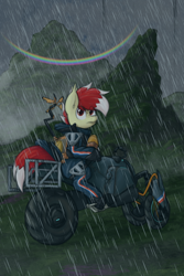 Size: 2000x3000 | Tagged: safe, artist:aaathebap, imported from derpibooru, oc, oc only, oc:aaaaaaaaaaa, bat pony, death stranding, fog, future, futuristic, grass, looking back, motorcycle, mountain, mountain range, ominous, rain, rainbow, scenery, solo