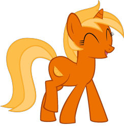 Size: 998x1024 | Tagged: safe, imported from derpibooru, tangerine (g4), pony, unicorn, background pony, eyes closed, female, food, horn, mare, open mouth, open smile, orange, recolor, simple background, smiling, solo, transparent background, vector, walking