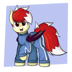 Size: 2000x2000 | Tagged: safe, artist:aaathebap, imported from derpibooru, oc, oc only, oc:aaaaaaaaaaa, bat pony, clothes, happy, looking at you, raised leg, solo, tracksuit