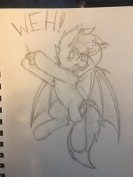 Size: 1536x2048 | Tagged: safe, artist:aaathebap, imported from derpibooru, oc, oc only, oc:aaaaaaaaaaa, bat pony, cute, scared, sketch, spread wings, traditional art, wings