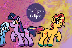 Size: 1500x1000 | Tagged: safe, artist:zoeyhorse, imported from derpibooru, sunset shimmer, trixie, twilight sparkle, pony, unicorn, abstract background, alternate universe, blush sticker, blushing, colored hooves, fanfic, fanfic art, fanfic cover, female, frown, hooves, horn, lesbian, mare, polyamory, shipping, sunsetsparkle, suntrix, trio, twixie, unicorn twilight