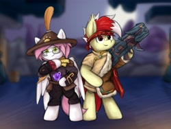 Size: 4000x3000 | Tagged: safe, artist:aaathebap, imported from derpibooru, oc, oc:aaaaaaaaaaa, oc:sugar morning, bat pony, pegasus, pony, clothes, costume, duo, looking at you, rocket launcher, weapon