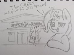 Size: 2048x1542 | Tagged: safe, artist:aaathebap, imported from derpibooru, trixie, unicorn, alcohol, horn, levitation, liquor, magic, telekinesis, traditional art