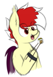 Size: 361x526 | Tagged: safe, artist:aaathebap, imported from derpibooru, oc, oc:aaaaaaaaaaa, bat pony, chopsticks, eating, food, solo, sushi