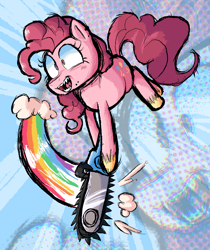 Size: 1225x1455 | Tagged: safe, artist:lemomew, imported from derpibooru, pinkie pie, earth pony, chainsaw, insanity, jumping, rainbow, vylet pony