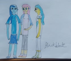 Size: 3073x2604 | Tagged: safe, artist:blackblade360, imported from derpibooru, lemon hearts, minuette, twinkleshine, human, equestria girls, blue dress, blue eyes, blue hair, blue shirt, blue skin, clothes, colored pencil drawing, curly hair, cutie mark accessory, dress, ear piercing, earring, eyelashes, female, humanized, irl, jewelry, open mouth, paper, photo, piercing, pink eyes, pink hair, pony to human, raised arm, side view, signature, smiling, talking, tan skin, traditional art, trio, two toned hair, yellow tan