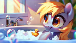 Size: 1920x1080 | Tagged: safe, imported from derpibooru, derpy hooves, pegasus, ai content, ai generated, bath, bathroom, bathtub, bubble, bubble bath, generator:pony diffusion v6 xl, generator:stable diffusion, happy, prompt in description, prompter:derp621, rubber duck, solo