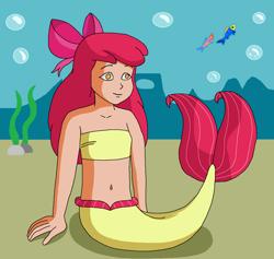 Size: 1164x1104 | Tagged: safe, artist:ocean lover, imported from derpibooru, apple bloom, fish, human, mermaid, adorabloom, amber eyes, apple bloom's bow, bandeau, bare midriff, bare shoulders, belly, belly button, bow, bubble, child, coral, cute, fins, fish tail, hair bow, happy, humanized, kelp, light skin, long hair, looking at something, mermaid tail, mermaidized, midriff, ms paint, ocean, red hair, sea creature, seaweed, sitting, smiling, solo, species swap, tail, tail fin, underwater, water