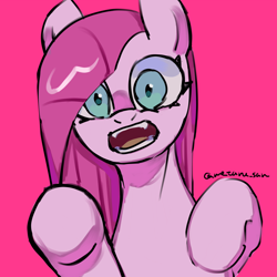 Size: 4096x4096 | Tagged: safe, artist:metaruscarlet, imported from derpibooru, pinkie pie, earth pony, pony, looking at you, open mouth, pink background, pinkamena diane pie, raised hoof, simple background, solo