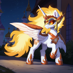 Size: 1024x1024 | Tagged: safe, imported from derpibooru, daybreaker, ai content, ai generated, canterlot, generator:pony diffusion v6 xl, generator:stable diffusion, night, prompter:thelight3d