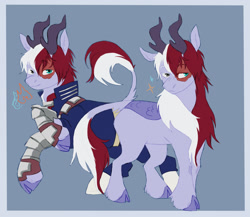 Size: 1500x1300 | Tagged: safe, artist:abbytabbys, imported from derpibooru, part of a set, deer, hybrid, kirin, reindeer, anime, antlers, armor, belt, blue background, blue coat, blue hooves, boots, border, bracer, burn marks, chest fluff, clothes, cloven hooves, colored antlers, colored chest fluff, colored eyebrows, colored eyelashes, colored hooves, colored pupils, costume, eye scar, eyebrows, eyebrows visible through hair, facial scar, fetlock tuft, floppy ears, frown, heterochromia, hoof boots, hooves, jacket, kirin hybrid, kirin-ified, leonine tail, lidded eyes, light blue coat, looking at you, male, my hero academia, pants, passepartout, quirked pony, raised hooves, rearing, reindeer hybrid, scar, shaggy mane, shoes, shoto todoroki, simple background, smiling, smiling at you, solo, sparkles, species swap, standing, tail, tail fluff, tall ears, teenager, two toned mane, two toned tail, utility belt, wall of tags