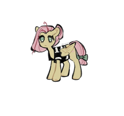 Size: 1719x1608 | Tagged: safe, artist:azaani, imported from derpibooru, fluttershy, pegasus, pony, alternate hairstyle, bow, clothes, female, frown, mare, no pupils, short mane, short tail, simple background, solo, tail, tail bow, uniform, white background, wrong eye color