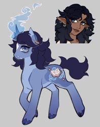 Size: 860x1092 | Tagged: safe, artist:lainseii, imported from derpibooru, part of a set, oc, oc only, oc:rhaena, elf, pony, unicorn, bags under eyes, black hair, blue coat, blue eyes, blue hooves, blue magic, blue pupils, cloven hooves, coat markings, colored belly, colored eyebrows, colored hooves, colored pinnae, colored pupils, countershading, curly hair, curly mane, curved horn, duality, dungeons and dragons, ear piercing, earring, eyebrows, eyebrows visible through hair, eyelashes, facial markings, facial scar, female, female oc, fluffy mane, glowing, glowing horn, gradient legs, gray background, helix piercing, hooves, horn, jewelry, looking at you, magic, mare oc, moderate dark skin, mouth scar, pale belly, pen and paper rpg, piercing, ponified, ponified oc, profile, purple mane, purple tail, raised hoof, raised leg, rpg, scar, shiny hooves, simple background, smiling, smiling at you, solo, standing on three hooves, star (coat marking), tail, torn ear, unicorn horn, unicorn oc, unshorn fetlocks, wall of tags, wavy tail