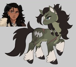 Size: 1158x1030 | Tagged: safe, artist:lainseii, imported from derpibooru, part of a set, oc, oc only, oc:kali, earth pony, pony, tiefling, body scar, braid, brown hooves, brown mane, brown tail, clothes, cloven hooves, coat markings, colored belly, colored eyebrows, colored hooves, colored pinnae, colored pupils, countershading, duality, ear piercing, earring, earth pony oc, eyebrow slit, eyebrows, facial markings, female, female oc, fetlock tuft, fluffy mane, frown, gray background, green coat, green eyes, green pupils, hooves, horns, jewelry, leg fluff, leg scar, long mane, long tail, mare, mare oc, narrowed eyes, necklace, pale belly, piercing, ponified, ponified oc, profile, scar, simple background, socks (coat markings), solo, standing, standing on three hooves, star (coat marking), tail, tan skin, tattoo, tied mane, unshorn fetlocks, wall of tags