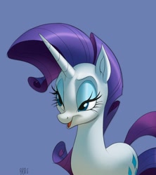 Size: 1772x2000 | Tagged: safe, artist:brdte, imported from derpibooru, rarity, pony, unicorn, blue background, female, horn, lidded eyes, mare, open mouth, open smile, signature, simple background, smiling, solo