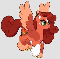 Size: 1008x994 | Tagged: safe, artist:lainseii, imported from derpibooru, part of a set, pegasus, pony, cloven hooves, coat markings, colored belly, colored ear fluff, colored eyebrows, colored eyelashes, colored hooves, colored pupils, colored wings, colored wingtips, countershading, curly mane, curly tail, ear fluff, ear piercing, earring, eye clipping through hair, eyelashes, facial markings, female, flying, freckles, gradient legs, gray background, green eyes, green pupils, helix piercing, hooves, jewelry, leg markings, long mane, long tail, mare, mismatched hooves, multicolored hooves, open mouth, open smile, orange coat, orange wingtips, pale belly, piercing, ponified, red eyelashes, red mane, red tail, shiny mane, shiny tail, simple background, small hooves, smiling, socks (coat markings), solo, spread wings, squirrelflight, star (coat marking), tail, three quarter view, torn ear, two toned wings, wall of tags, warrior cats, wings