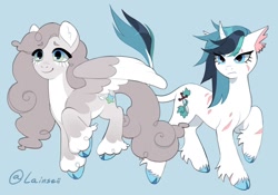 Size: 1862x1300 | Tagged: safe, artist:lainseii, imported from derpibooru, part of a set, classical unicorn, pegasus, pony, unicorn, bangs, battle scarred, big ears, blue background, blue eyes, blue hooves, body scar, chubby, cloven hooves, coat markings, colored belly, colored eyebrows, colored pinnae, colored wings, colored wingtips, concave belly, countershading, curly mane, curly tail, dovewing, duo, duo female, ear fluff, ear piercing, earring, eye clipping through hair, eye markings, eye scar, eyebrows, eyebrows visible through hair, eyelashes, facial scar, female, fetlock tuft, frown, gray coat, gray mane, gray tail, horn, ivypool, jewelry, leg markings, leg scar, leonine tail, long mane, long tail, mare, narrowed eyes, pale belly, partially open wings, physique difference, piercing, ponified, raised hoof, raised hooves, scar, shiny mane, shiny tail, siblings, signature, simple background, sisters, slender, smiling, socks (coat markings), spiky mane, spiky tail, standing on three hooves, tail, text, thin, three toned mane, three toned tail, torn ear, two toned eyes, two toned wings, unshorn fetlocks, wall of tags, warrior cats, white belly, white coat, white wingtips, wings