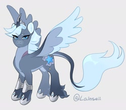 Size: 2372x2073 | Tagged: safe, artist:lainseii, imported from derpibooru, part of a set, alicorn, pony, blue eyes, blue mane, blue pupils, blue tail, blue wingtips, bluestar, body scar, bracer, colored belly, colored eyebrows, colored fetlocks, colored muzzle, colored pinnae, colored pupils, colored wings, colored wingtips, crown, curved horn, ear fluff, eye wrinkles, eyelashes, facial markings, female, fetlock tuft, flowing tail, frown, gradient wings, gray background, gray coat, hoof shoes, horn, horn armor, horn cap, jewelry, leader, leg markings, long mane, long tail, looking at you, mare, mealy mouth (coat marking), multicolored wings, narrowed eyes, older female, pale belly, pale muzzle, ponified, princess shoes, regalia, scar, shiny mane, shiny tail, shoulder scar, signature, simple background, solo, spiky mane, spread wings, standing, tail, tail markings, text, tiara, unicorn horn, wall of tags, warrior cats, wings