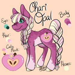 Size: 4096x4096 | Tagged: safe, artist:g-jnotes, imported from derpibooru, oc, oc only, oc:chari opal, earth pony, pony, body freckles, braid, braided pigtails, braided tail, colored belly, colored pupils, female, freckles, mare, name, offspring, orange background, parent:big macintosh, parent:cheerilee, parents:cheerimac, pigtails, reference sheet, simple background, smiling, solo, tail