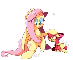 Size: 600x500 | Tagged: safe, artist:roksyant, imported from derpibooru, apple bloom, fluttershy, earth pony, pegasus, pony, adorabloom, clothes, cute, female, filly, foal, heart, leg warmers, looking at each other, looking at someone, mare, petting, simple background, text, white background