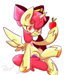 Size: 468x500 | Tagged: safe, artist:roksyant, imported from derpibooru, apple bloom, alicorn, pony, alicornified, apple, female, filly, foal, food, jewelry, looking at you, necklace, race swap, regalia, simple background, sitting, smiling, solo, spread wings, text, white background, wings