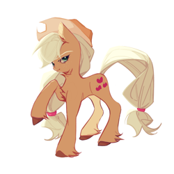 Size: 2048x2048 | Tagged: safe, artist:iris-tecetorum-maxim, imported from derpibooru, applejack, earth pony, pony, female, mare, raised hoof, simple background, smiling, solo, unshorn fetlocks, white background