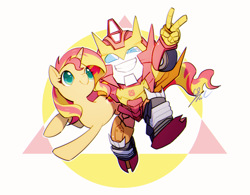 Size: 770x602 | Tagged: safe, artist:megarock, idw, imported from derpibooru, sunset shimmer, pony, robot, unicorn, colored pupils, crossover, cute, cybertronian, female, horn, hot rod, male, mare, more than meets the eye, peace sign, rodimus, transformers