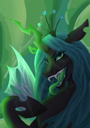 Size: 1614x2283 | Tagged: safe, artist:zalacs, imported from derpibooru, queen chrysalis, changeling, changeling queen, antagonist, bust, changeling hive, colored pupils, crown, digital art, eyelashes, fangs, female, glowing, green eyes, green mane, horn, jewelry, lidded eyes, looking at you, mare, messy mane, open mouth, open smile, portrait, raised hoof, regalia, signature, smiling, smiling at you, solo, spread wings, teeth, tongue out, transparent wings, villainess, watermark, wings