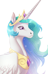 Size: 596x915 | Tagged: safe, artist:badass-doctor, edit, princess celestia, alicorn, pony, chromatic aberration removal, ethereal mane, female, hoers, jewelry, mare, necklace, regalia, simple background, solo, sparkles, white background