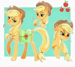 Size: 1024x910 | Tagged: safe, artist:xinjinjumin193918007138, imported from derpibooru, applejack, earth pony, pony, bag, bust, female, full body, mare, portrait, raised hoof, solo, straw in mouth