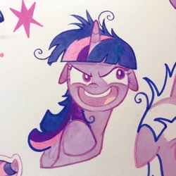 Size: 2160x2160 | Tagged: safe, artist:miss-aciturn, imported from derpibooru, twilight sparkle, alicorn, pony, unicorn, lesson zero, female, floppy ears, horn, mare, marker drawing, open mouth, open smile, smiling, solo, traditional art, twilight snapple, twilight sparkle (alicorn), twilight sparkle is best facemaker, unicorn twilight