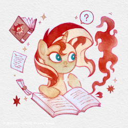 Size: 750x750 | Tagged: safe, artist:miss-aciturn, imported from derpibooru, sunset shimmer, pony, unicorn, book, horn, question mark, scroll, solo, sparkles