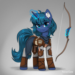 Size: 1500x1500 | Tagged: safe, artist:inowiseei, imported from derpibooru, oc, oc only, oc:arclight, pony, unicorn, armor, baldur's gate, baldur's gate 3, bow (weapon), gradient background, horn, scale mail, solo, unicorn oc