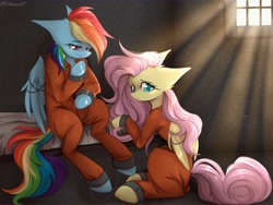 Size: 2048x1542 | Tagged: safe, artist:shinech9, imported from derpibooru, fluttershy, rainbow dash, bound wings, chains, clothes, commissioner:rainbowdash69, duo, duo female, dust motes, female, jail, jail cell, jumpsuit, never doubt rainbowdash69's involvement, prison, prison cell, prison outfit, prisoner, prisoner fs, prisoner rd, shackles, wings