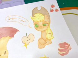 Size: 750x563 | Tagged: safe, artist:miss-aciturn, imported from derpibooru, applejack, earth pony, pony, apple, food, simple background, solo, traditional art, white background