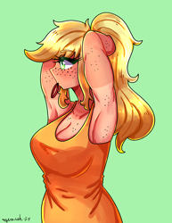 Size: 2550x3300 | Tagged: safe, artist:mylittleyuri, imported from derpibooru, applejack, human, alternate hairstyle, arm freckles, armpits, blushing, boob freckles, breasts, busty applejack, chest freckles, cleavage, elf ears, female, freckles, green background, hairband, humanized, mouth hold, muscles, simple background, solo