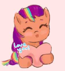 Size: 1280x1402 | Tagged: safe, artist:koneko-w, imported from derpibooru, sunny starscout, earth pony, pony, ^^, blushing, cute, dialogue, eyes closed, female, g5, heart, heart pillow, looking at you, mane stripe sunny, mare, orange background, pillow, simple background, solo, sunnybetes