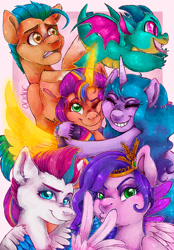 Size: 1280x1842 | Tagged: safe, artist:acidiic, imported from derpibooru, hitch trailblazer, izzy moonbow, pipp petals, sunny starscout, zipp storm, alicorn, dragon, earth pony, pegasus, pony, unicorn, abstract background, baby, baby dragon, cheek squish, cheek to cheek, duckface, female, g5, group photo, horn, hug, lesbian, looking at you, mane five, mane stripe sunny, moonscout, race swap, royal sisters (g5), shipping, siblings, sisters, sparky sparkeroni, squishy cheeks, sunnycorn