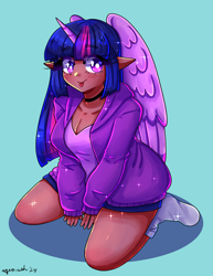 Size: 2550x3300 | Tagged: safe, artist:mylittleyuri, imported from derpibooru, twilight sparkle, alicorn, human, 2d, :p, alicorn humanization, bangs, blue background, blushing, breasts, choker, cleavage, clothes, collar, cute, dark skin, elf ears, eyebrows, eyebrows visible through hair, feathered wings, female, heart, heart eyes, hoodie, horn, horned humanization, humanized, jacket, kneeling, legs, long sleeves, looking at you, shirt, shorts, sideburns, simple background, smiling, smiling at you, socks, solo, straight hair, t-shirt, tongue out, twiabetes, twilight sparkle (alicorn), wingding eyes, winged humanization, wings