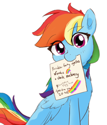 Size: 1280x1492 | Tagged: safe, artist:koneko-w, imported from derpibooru, rainbow dash, pegasus, pony, fanfic:rainbow factory, fanfic, fanfic art, mouth hold, solo, the implications are horrible