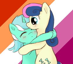 Size: 1280x1139 | Tagged: safe, artist:koneko-w, imported from derpibooru, bon bon, lyra heartstrings, sweetie drops, earth pony, pony, unicorn, blush scribble, blushing, eyes closed, female, flag background, horn, hug, lesbian, lesbian pride flag, lyrabon, pride, pride background, pride flag, shipping, solo