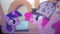 Size: 3264x1828 | Tagged: safe, imported from derpibooru, screencap, pinkie pie, twilight sparkle, unicorn, mmmystery on the friendship express, season 2, deerstalker, detective, duo, duo female, female, friendship express, hat, locomotive, photo, picture of a screen, sherlock pie, steam locomotive, train, unicorn twilight