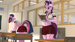 Size: 1920x1080 | Tagged: safe, artist:anthroponiessfm, imported from derpibooru, sci-twi, starlight glimmer, twilight sparkle, anthro, unicorn, 3d, belly, belly button, big breasts, book, breasts, busty sci-twi, busty starlight glimmer, busty twilight sparkle, clothes, female, glasses, horn, looking at someone, midriff, school, school uniform, schoolgirl, skirt, source filmmaker