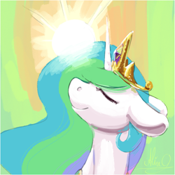 Size: 1627x1626 | Tagged: safe, artist:aliceg, imported from derpibooru, princess celestia, alicorn, abstract background, crown, ethereal mane, eyes closed, female, jewelry, mare, regalia, smiling, solo, sun