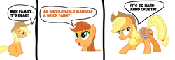 Size: 2229x763 | Tagged: safe, edit, imported from derpibooru, applejack, earth pony, pony, brick booty, butt, comic, female, forced meme, mare, meme, plot, recolor, solo