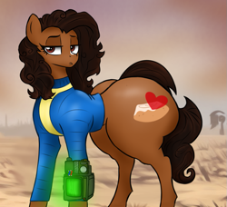 Size: 853x778 | Tagged: safe, edit, editor:pizzamovies, imported from derpibooru, oc, oc only, oc:huniebuns, fallout equestria, ai content, ai generated, clothes, female, looking at you, mare, pipbuck, pouting, solo, wasteland