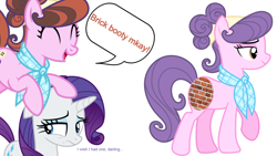 Size: 1920x1080 | Tagged: safe, edit, imported from derpibooru, rarity, suri polomare, earth pony, unicorn, brick, brick booty, female, forced meme, horn, mare, meme, recolor, simple background, speech bubble, white background