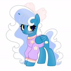 Size: 6890x6890 | Tagged: safe, artist:riofluttershy, imported from derpibooru, oc, oc only, oc:fleurbelle, alicorn, pony, alicorn oc, blushing, bow, clothes, female, hair bow, horn, jacket, mare, pink bow, simple background, smiling, solo, tail, two toned hair, two toned mane, two toned tail, white background, wings, yellow eyes